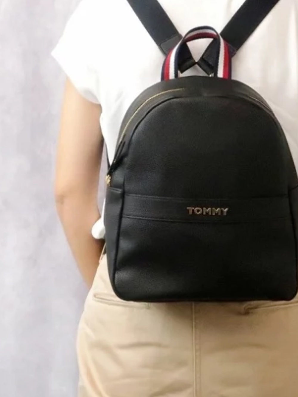 Tommy Hilfiger Black Mini Backpack with Striped Top Handle